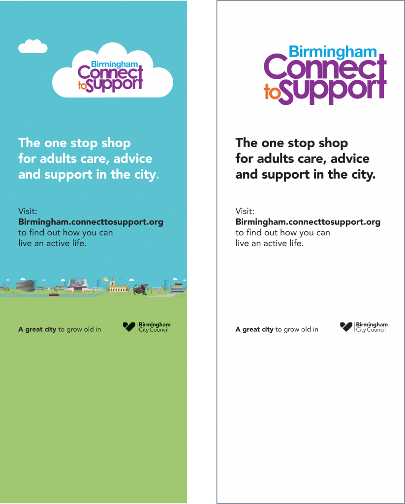 Birmingham Connect to Support banners. Full colour and white version.