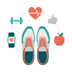 Image of a pair of trainers and icons of exercise and health around it.