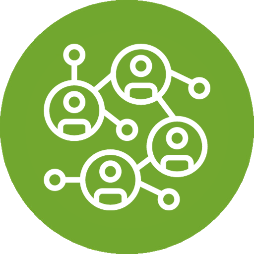 An icon depicting 4 people shapes within circles, connected to each other by data lines